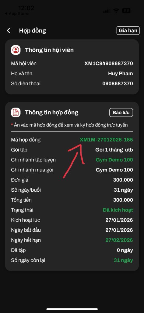 App hội viên (app member) hỗ trợ ký hợp đồng online nhanh chóng, xem lượt người đi tập tại các chi nhánh theo thời gian thực, giúp hội viên chủ động và tiện lợi hơn.