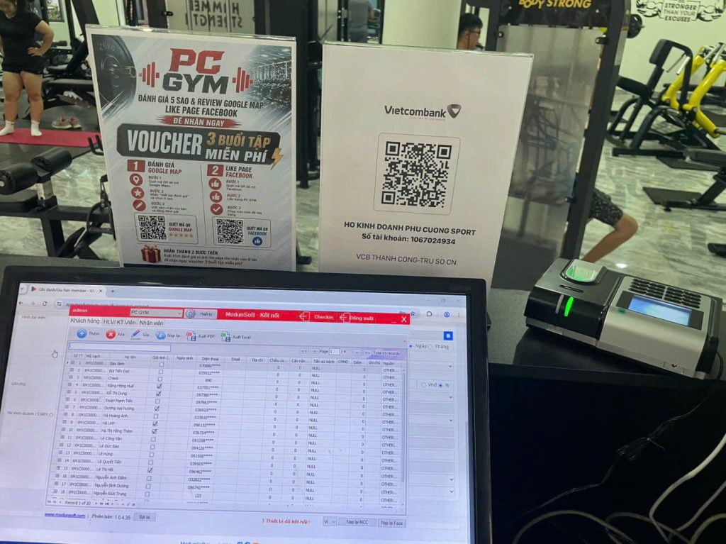 PC GYM tại Hà Nội ứng dụng phần mềm gym Modun kết hợp checkin Face ID giúp quản lý hội viên và vận hành phòng tập hiệu quả hơn.